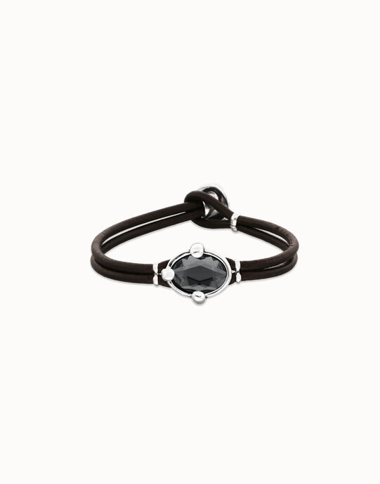Pulsera de cuero y ba&ntilde;o en plata con cristal facetado ovalado negro